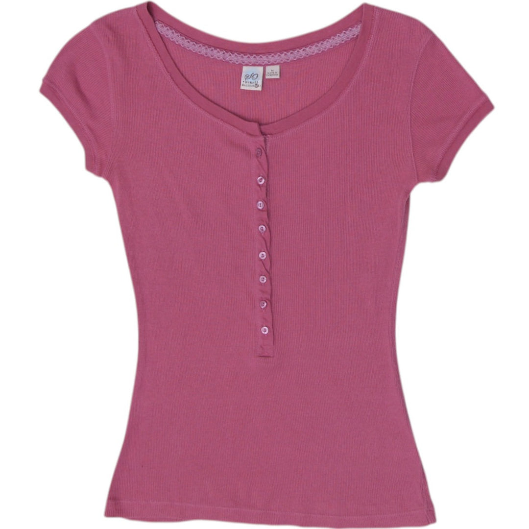 Y2K Ladies SO Ribbed Henley Baby Tee Mauve Pink Lace Trim Coquette