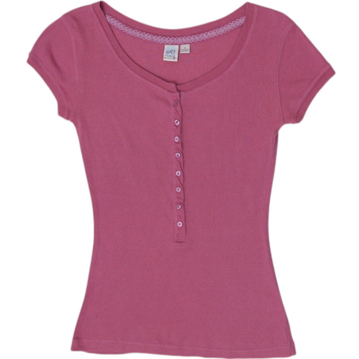 Y2K Ladies SO Ribbed Henley Baby Tee Mauve Pink Lace Trim Coquette