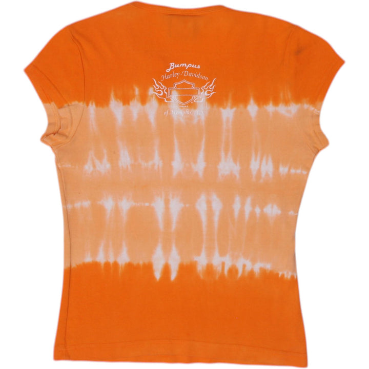 Y2K Ladies Harley Davidson T-Shirt Orange Tie Dye Graphic Size M