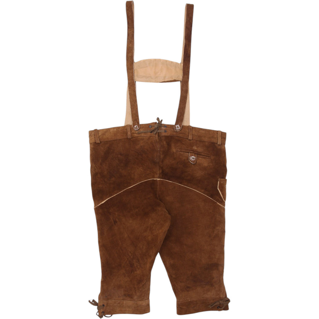 Vintage 70's Bavarian/German Brown Suede Leather Lederhosen With Embroidery And Suspenders