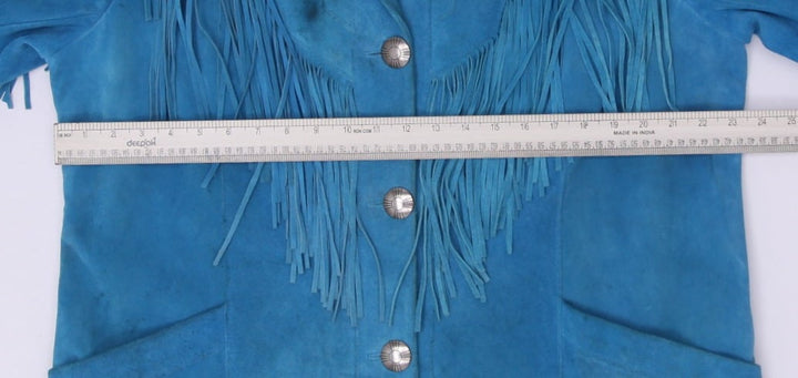 Vntg 80's Ladies Pioneer Wear Bright Turquoise Blue Suede Western Fringe Jacket