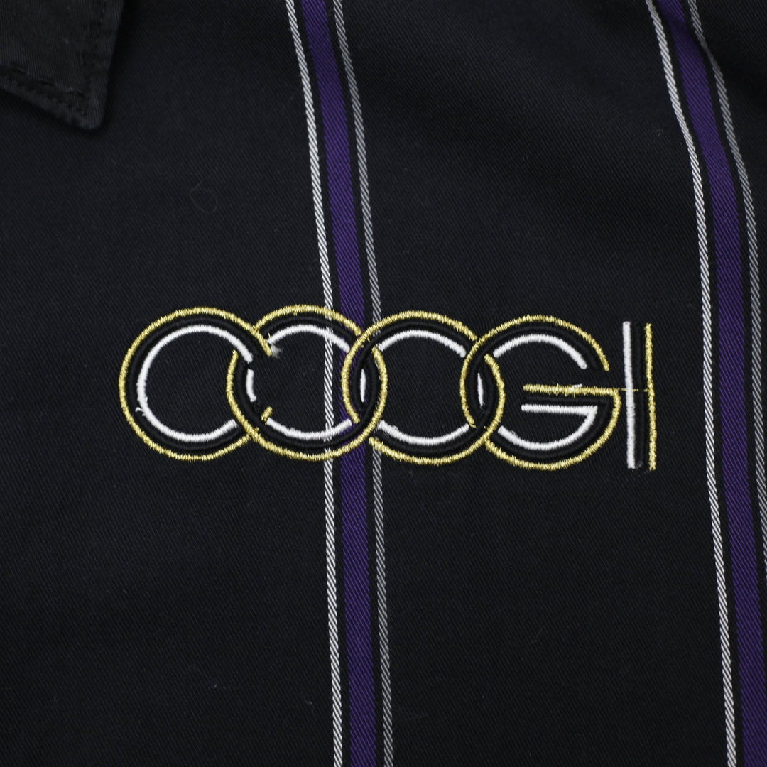 Coogi Gold Button Embroidered Crest Patch Black Purple Stripe Shirt Size XXL | Migration_Shirts - Alternate V | Fashion Rerun