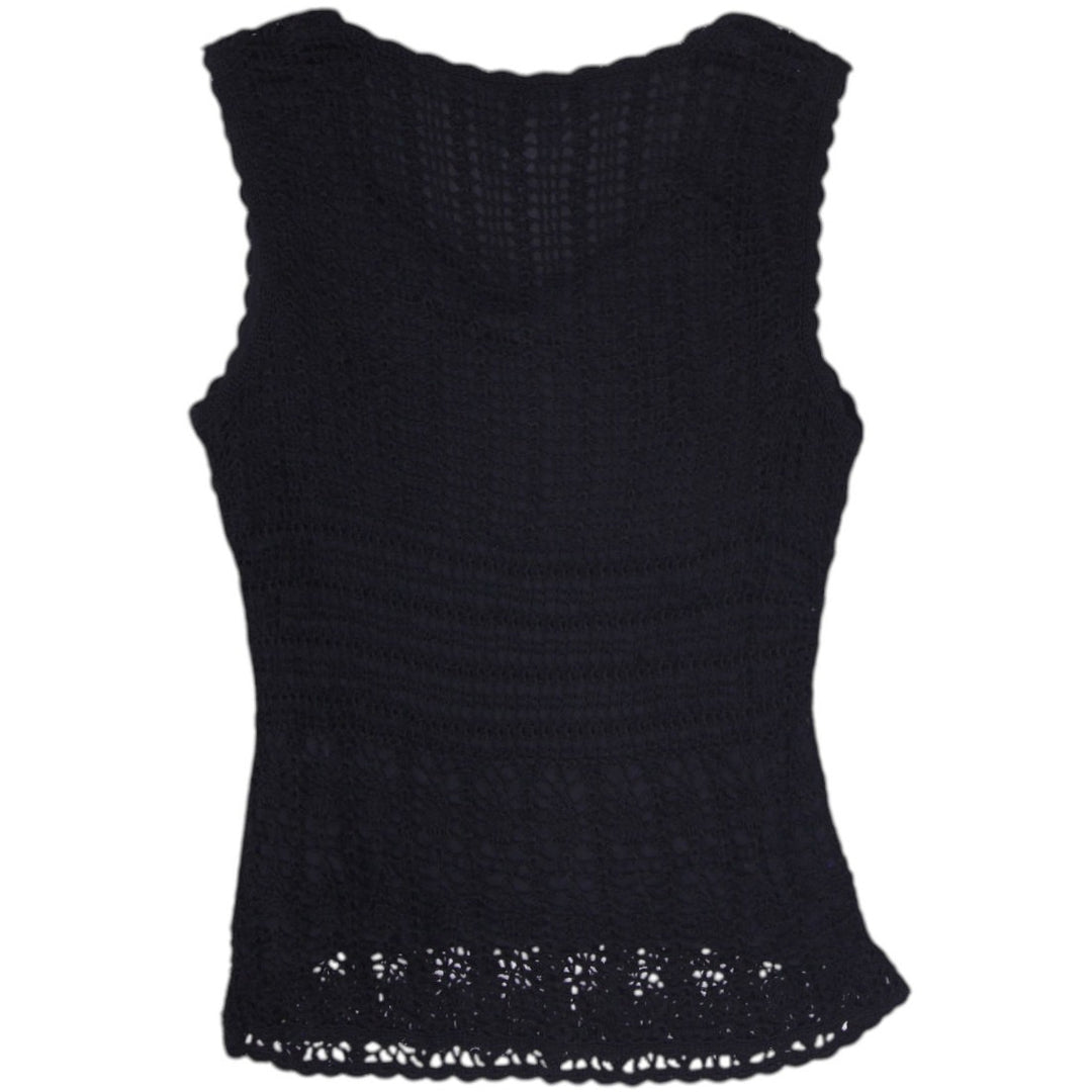 Y2K Ladies Talbots Hand Knit Black Crochet Tank Top Scalloped V Neck Size M
