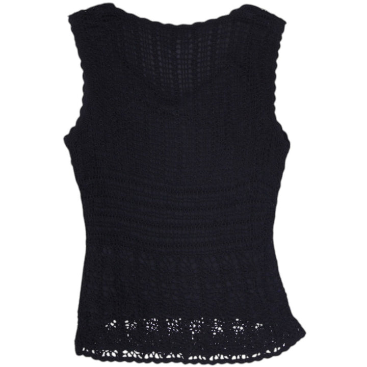 Y2K Ladies Talbots Hand Knit Black Crochet Tank Top Scalloped V Neck Size M