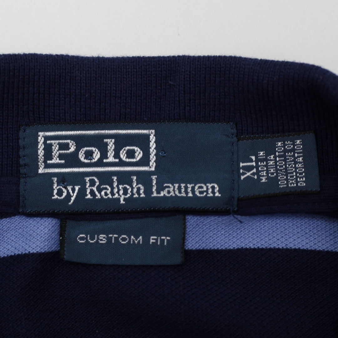 Vintage Mens Ralph Lauren Striped Polo Navy Blue Cotton Logo Classic T-Shirt