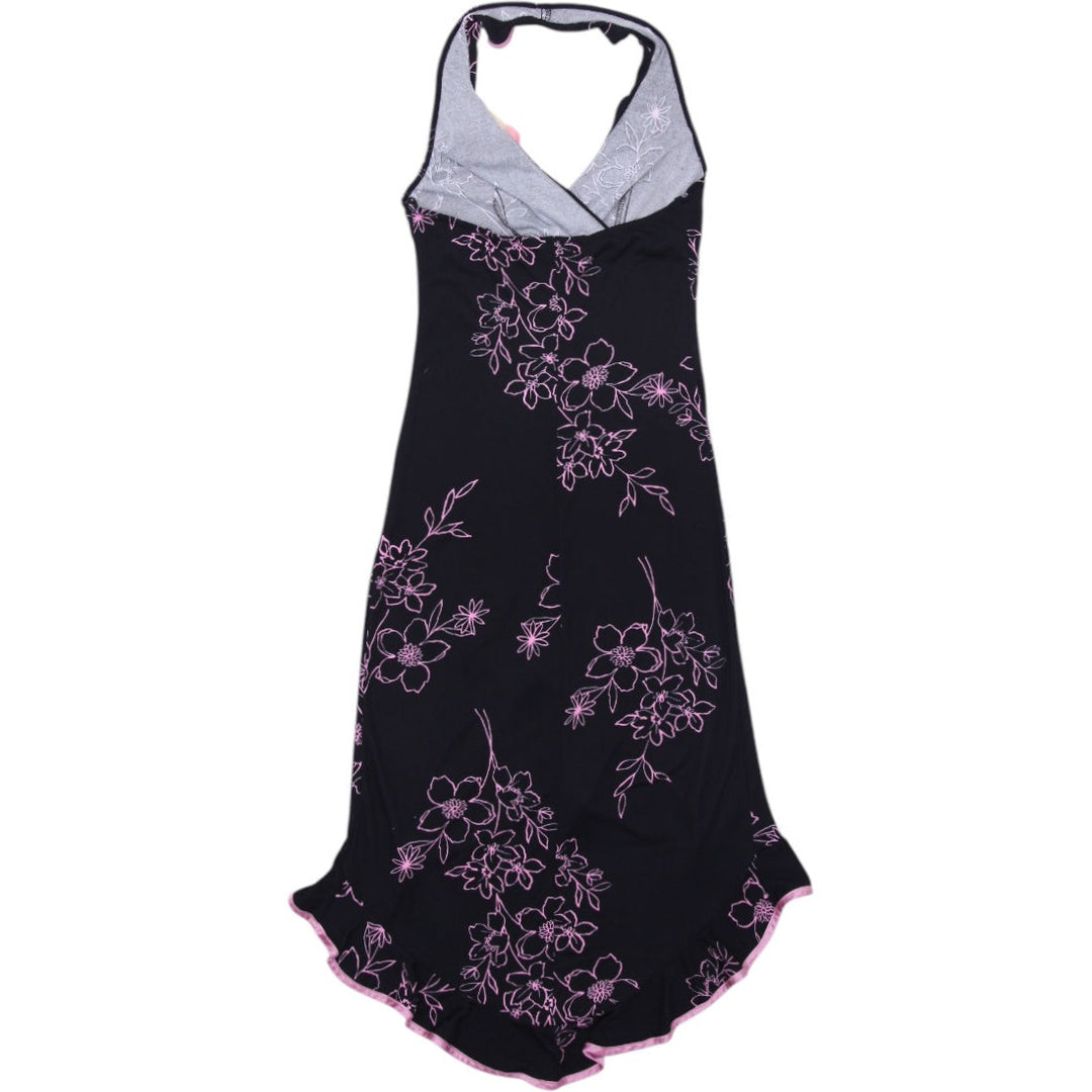 Y2K Ladies Halter Dress Black Floral Embroidered Midi