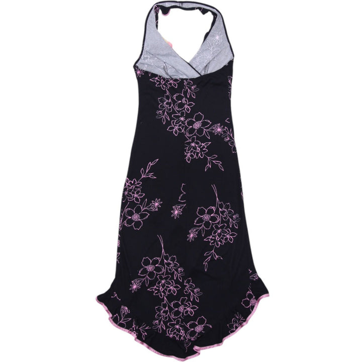 Y2K Ladies Halter Dress Black Floral Embroidered Midi