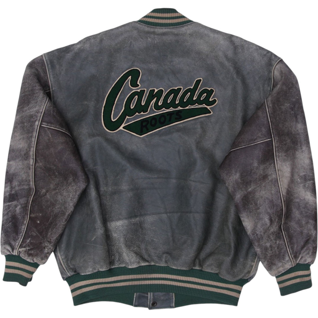 Vintage Roots Sporting Goods Distressed Leather Jacket 3D Embroidery Canada | Migration_Jackets - Side View | Fashion Rerun