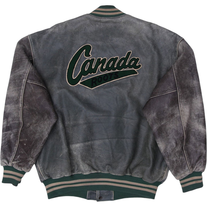 Vintage Roots Sporting Goods Distressed Leather Jacket 3D Embroidery Canada | Migration_Jackets - Side View | Fashion Rerun