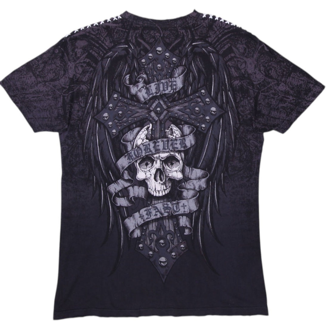 Y2K Men’s Affliction Skull Graphic Embroidered T-Shirt Size XL | Migration_T-Shirts SW COLLECTION - Side View | Fashion Rerun