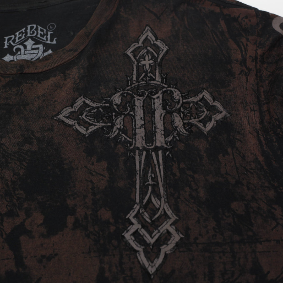 Y2K Mens Rebel Saints Gothic Cross Graphic T-Shirt Size L