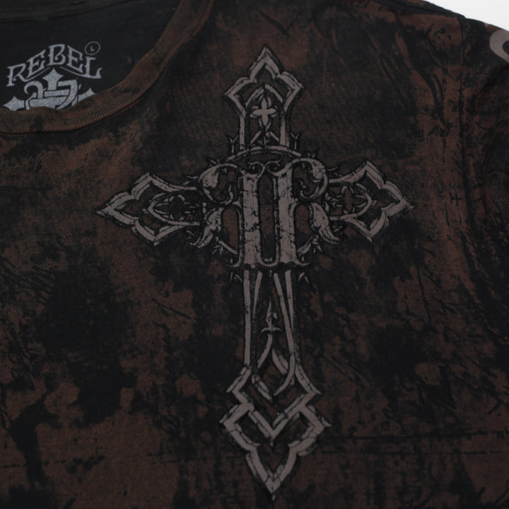 Y2K Mens Rebel Saints Gothic Cross Graphic T-Shirt Size L