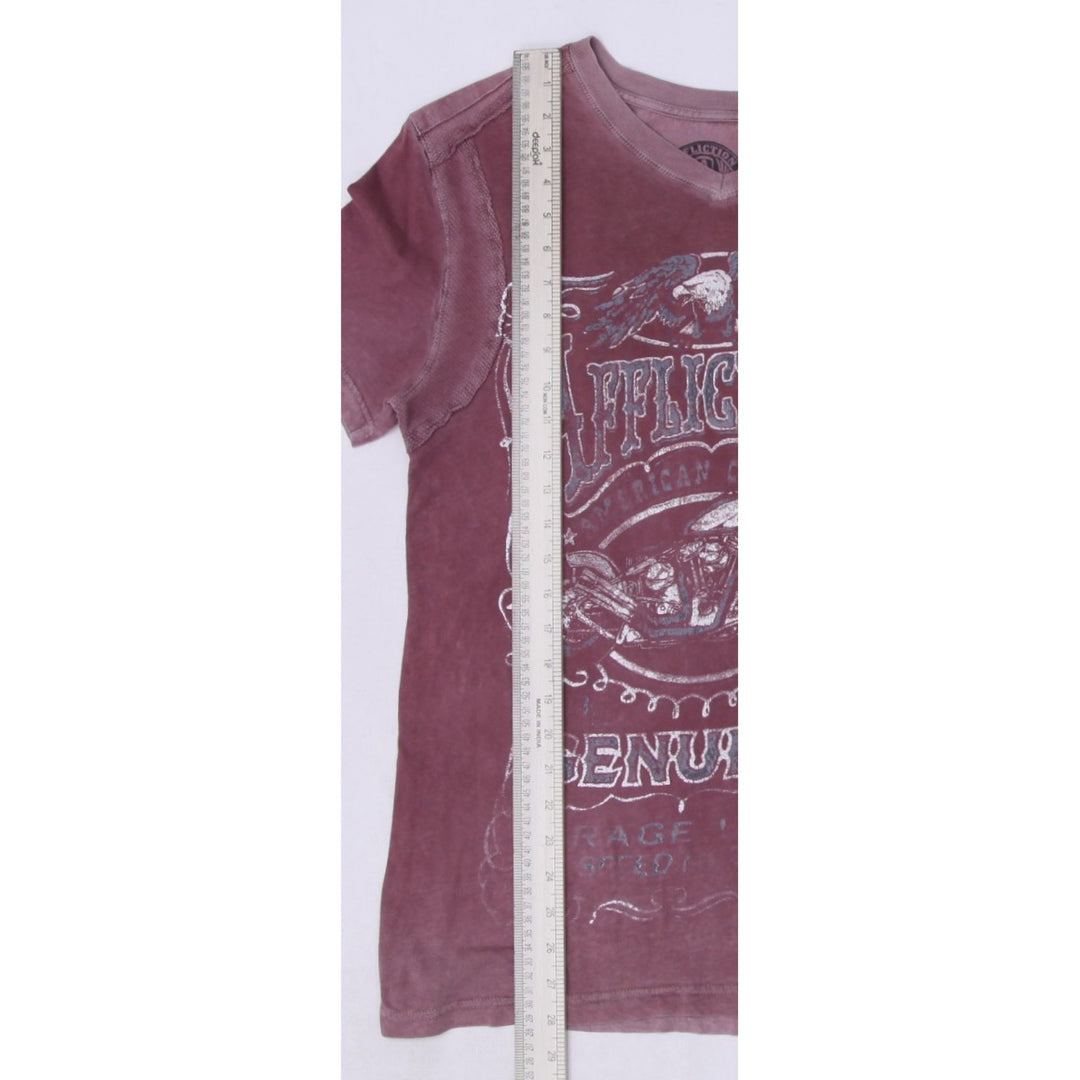 Y2K Mens Affliction T-Shirt Maroon Graphic Motorcycle Art