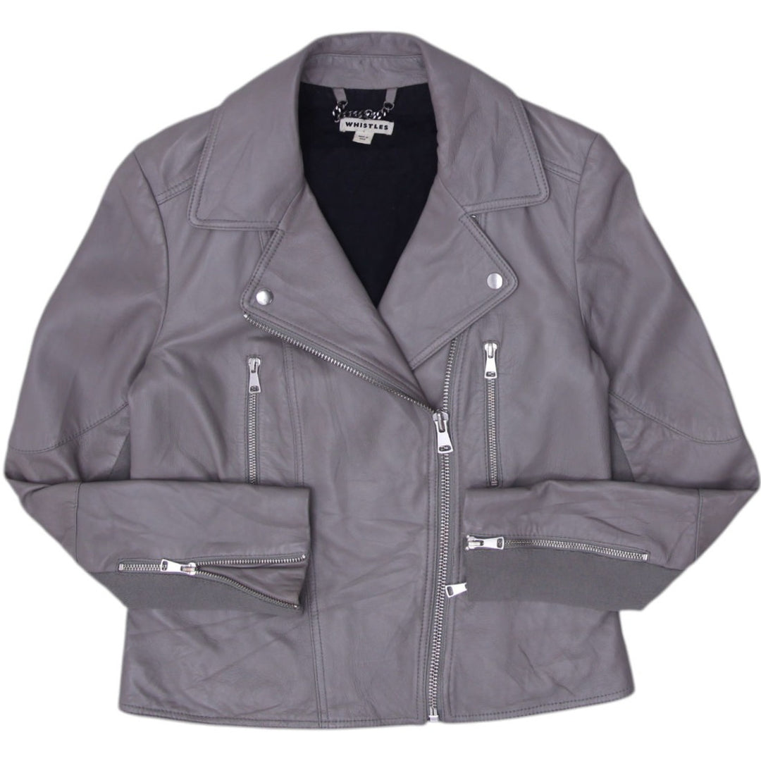 Y2K Ladies Gray Leather Zipper Motorcycle Biker Jacket Size 6 | Migration_Jackets | Fashion Rerun