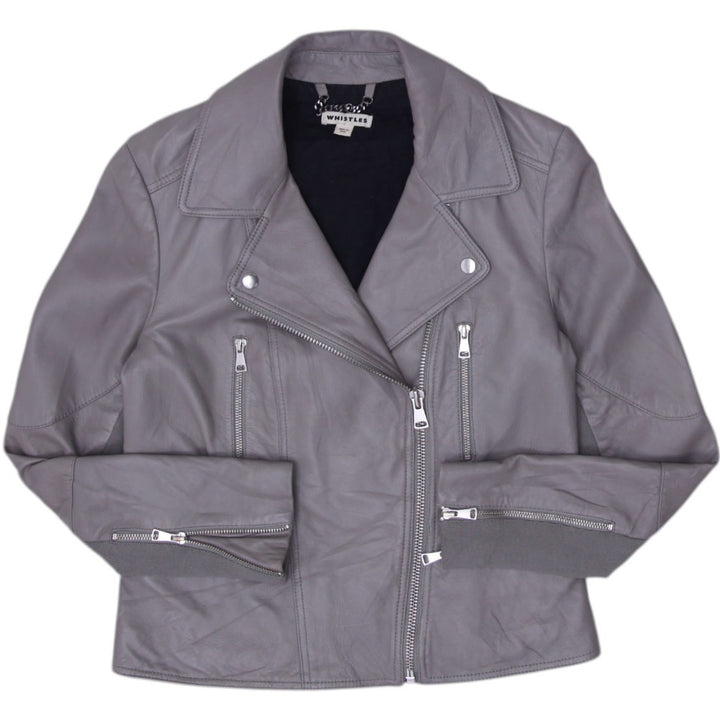 Y2K Ladies Gray Leather Zipper Motorcycle Biker Jacket Size 6 | Migration_Jackets | Fashion Rerun