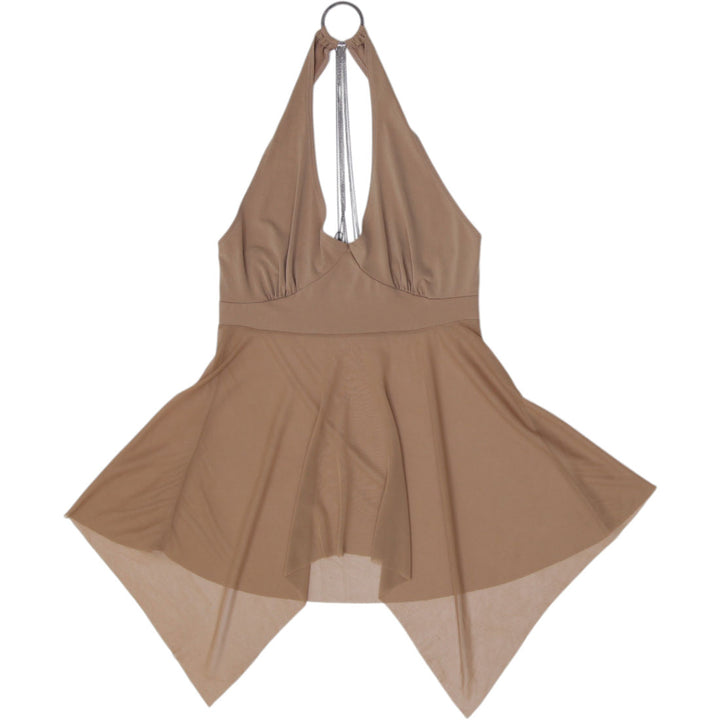Y2K Ladies Belle Amie Tan Halter Top Khaki Tan O-Ring Handkerchief Hem Size M