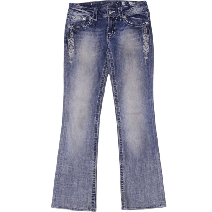 Y2K Ladies Miss Me Bootcut Jeans Washed Blue Embroidered Rhinestones Denim
