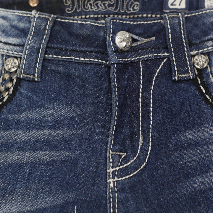 Y2K Ladies Miss Me Boot Mid Rise Studded Pocket Denim Jeans Size 27