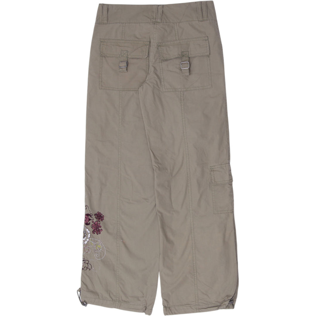 Y2K Ladies Here + There by C&A Cargo Pants Khaki Floral Embroidery Pockets