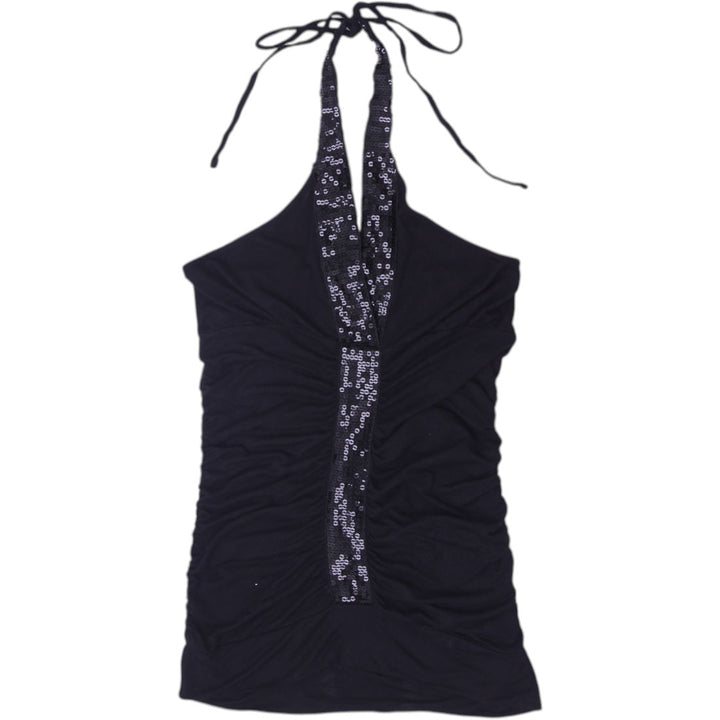 Y2K Ladies Seite 1 Girl Black Ruched Sequined Plunge Halter Top Size S