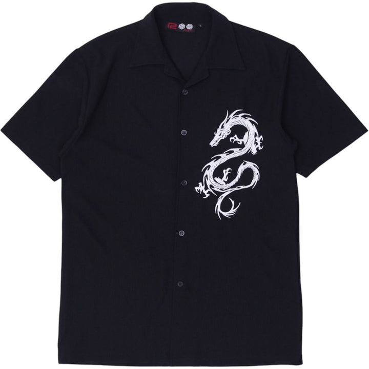 Mens R2 PLAYER Embroidered Dragon Black Short Sleeve Button Down Shirt