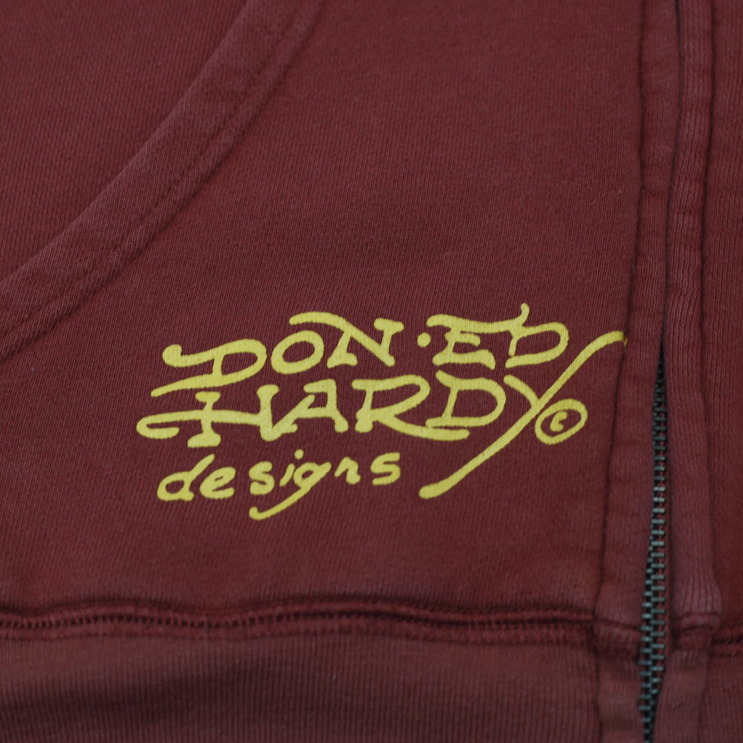 Y2K Ladies Ed Hardy Rhinestone Skull Zip Up Burgundy Hoodie Large
