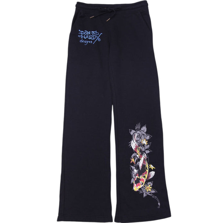 Y2K Ladies Ed Hardy Koi Fish & Floral Print Black Sweatpants Size S