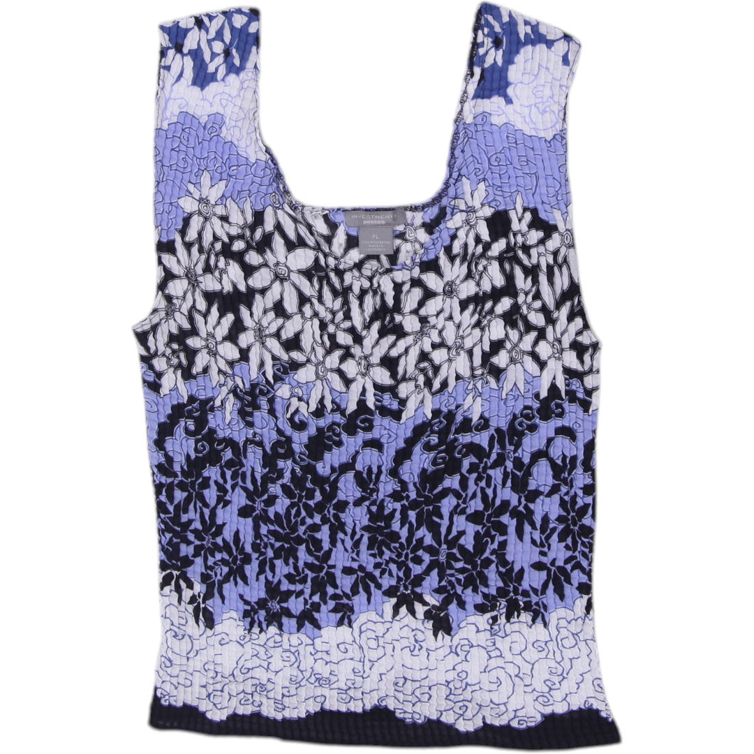 Y2K Ladies Pleated Floral Scoop Neck Periwinkle Tank Top Size L
