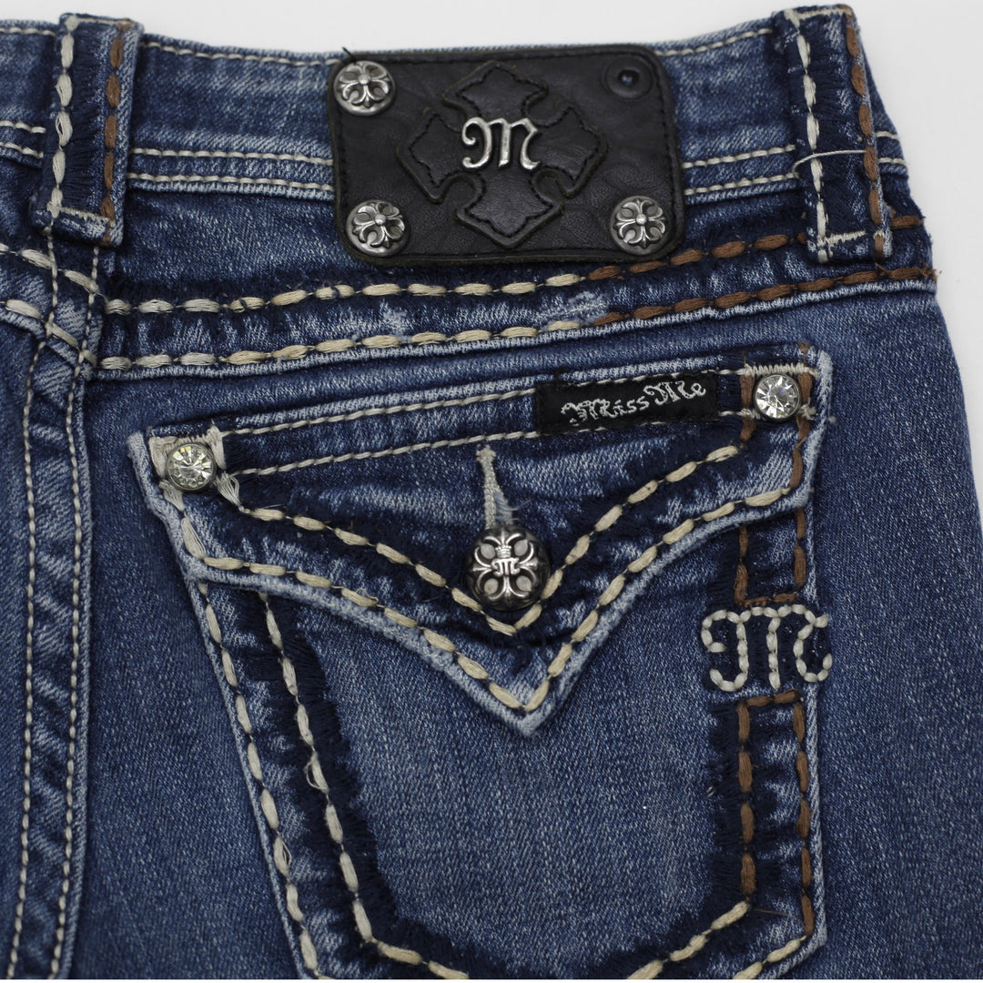 Y2K Ladies Miss Me Bootcut Jeans Blue Distressed Embellished Denim
