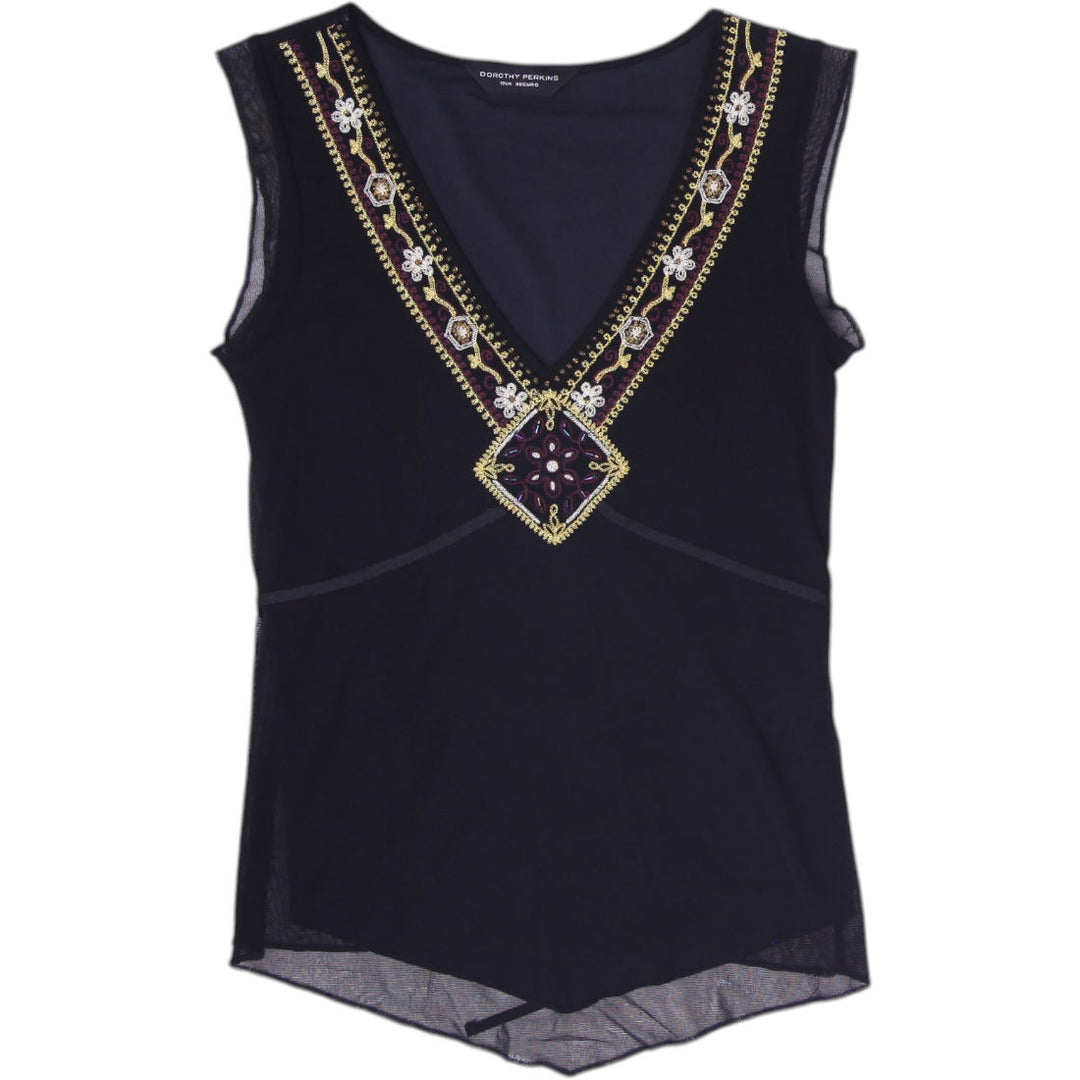 Y2K Ladies Dorothy Perkins Black Sheer Mesh Sleeveless Top  Size 10 UK 38 EU