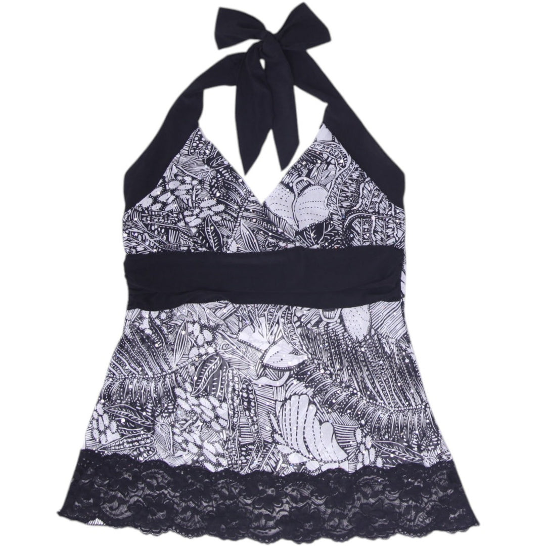 Y2K Ladies Seduction Tropical Halter Top with Lace Hem Size S