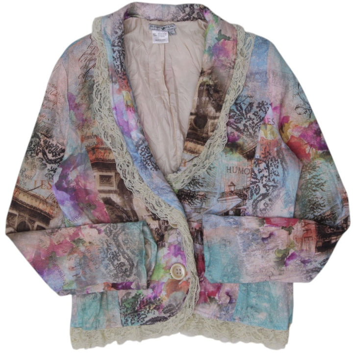 Y2K Ladies Alberto Makali Lace Trim Graphic Print Blazer Jacket Size L