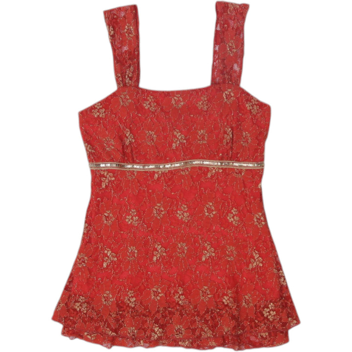 Y2K Ladies Vanity Blouse Orange Lace Sleeveless Floral Strappy Tops M