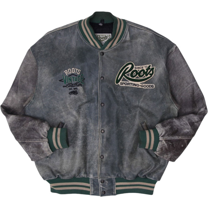 Vintage Roots Sporting Goods Distressed Leather Jacket 3D Embroidery Canada | Migration_Jackets | Fashion Rerun