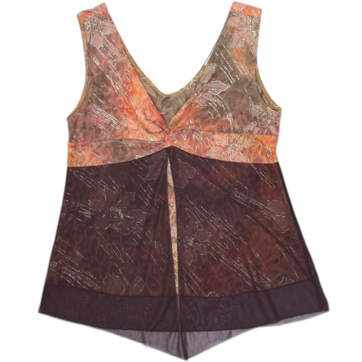 Y2K Ladies MKM Designs Abstract Mesh Layered Tank Top Earth Tones & Gold Shimmer