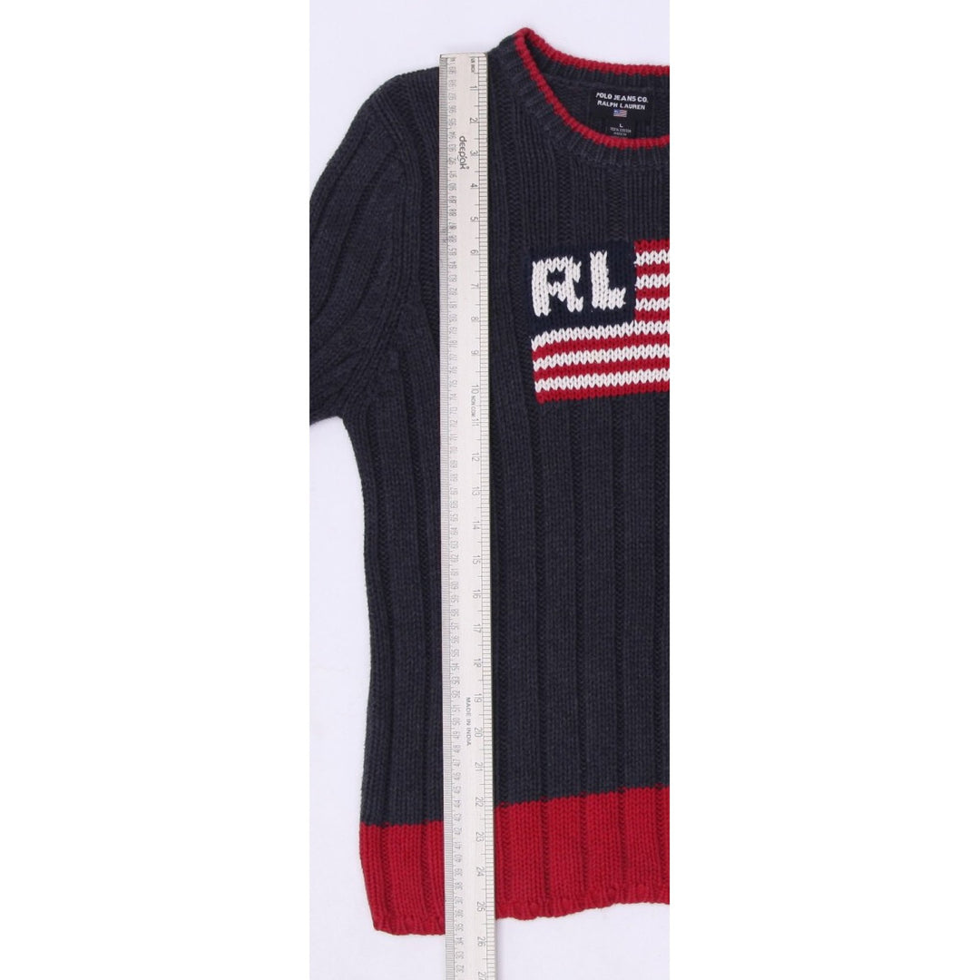 Vintage Ladies Polo Ralph Lauren American Flag Ribbed Knit Gray Sweater L