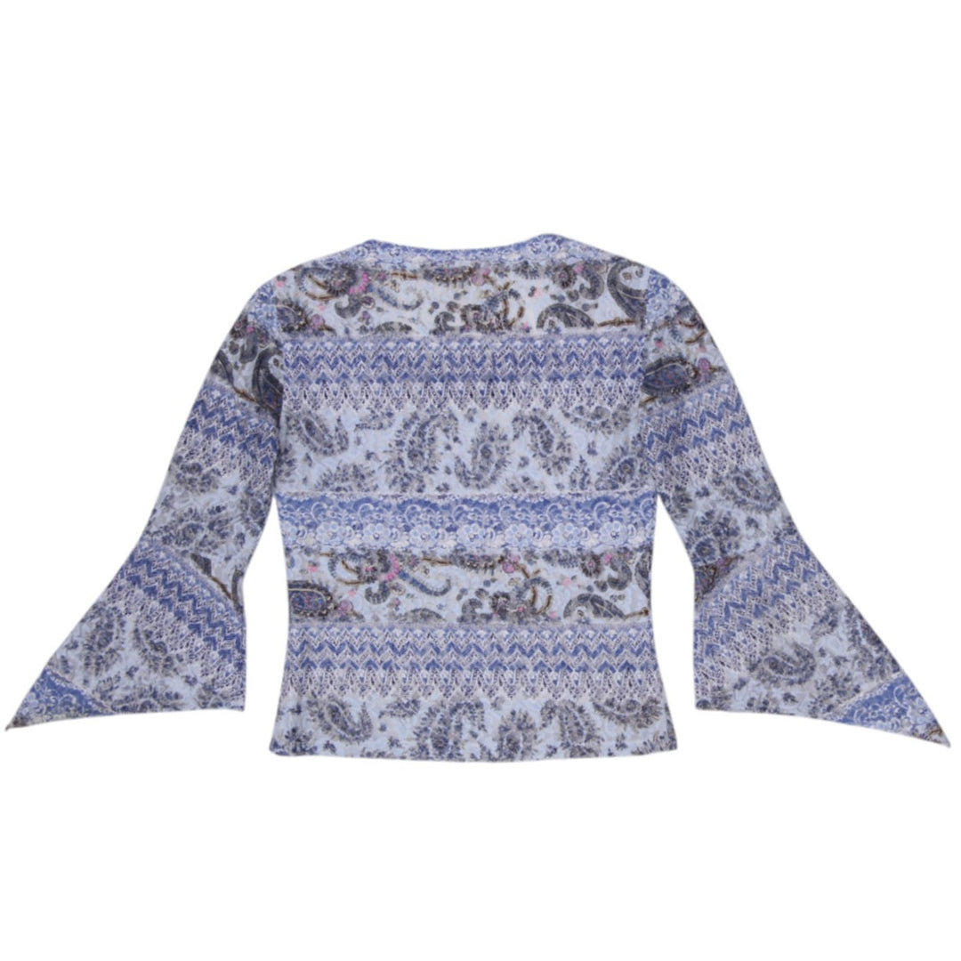 Y2K Ladies JEX Collection Blue Paisley Mesh Bell Sleeve Top Made in Canada 38
