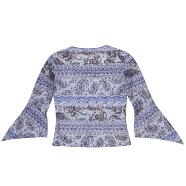 Y2K Ladies JEX Collection Blue Paisley Mesh Bell Sleeve Top Made in Canada 38