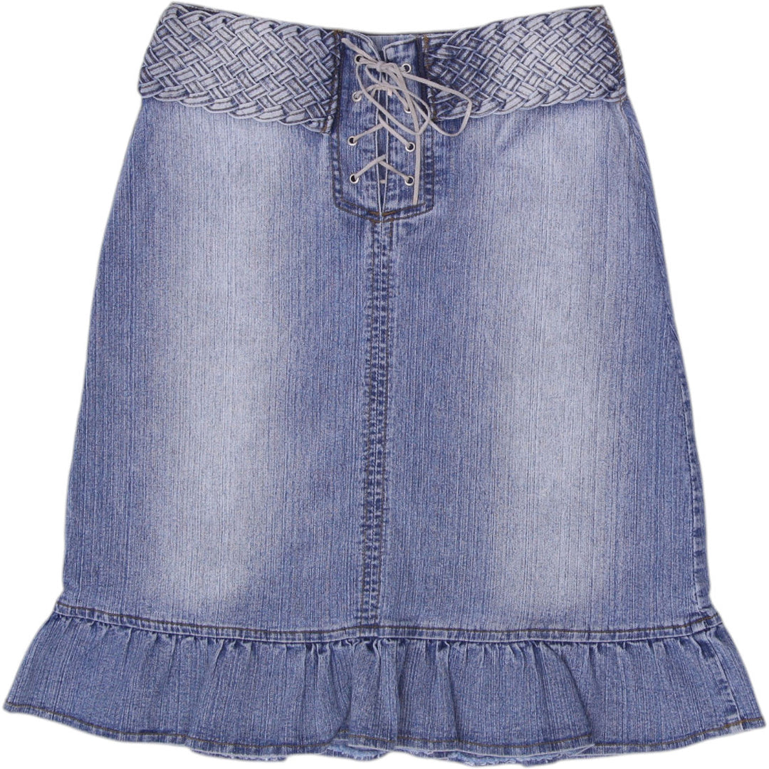 Y2K Ladies My Collection HGH Jeans Lace Up Ruffle Hem Denim Midi Skirt Size S