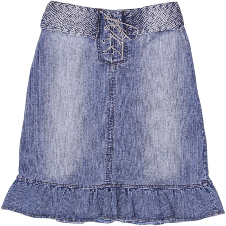 Y2K Ladies My Collection HGH Jeans Lace Up Ruffle Hem Denim Midi Skirt Size S