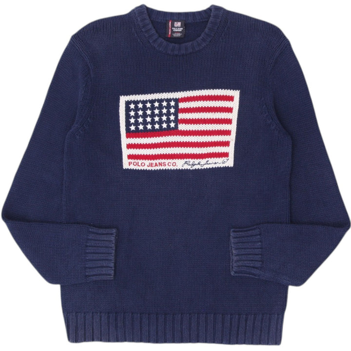 Vintage Navy Polo Ralph Lauren American Flag Embroidered Stars Knit Sweater S