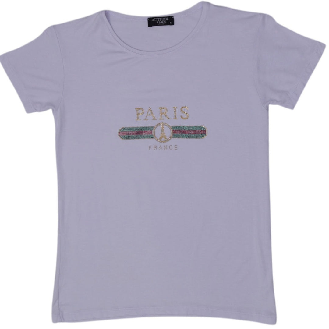 Y2K Ladies Attitude Paris Eiffel Tower Web Stripe T-Shirt Size S