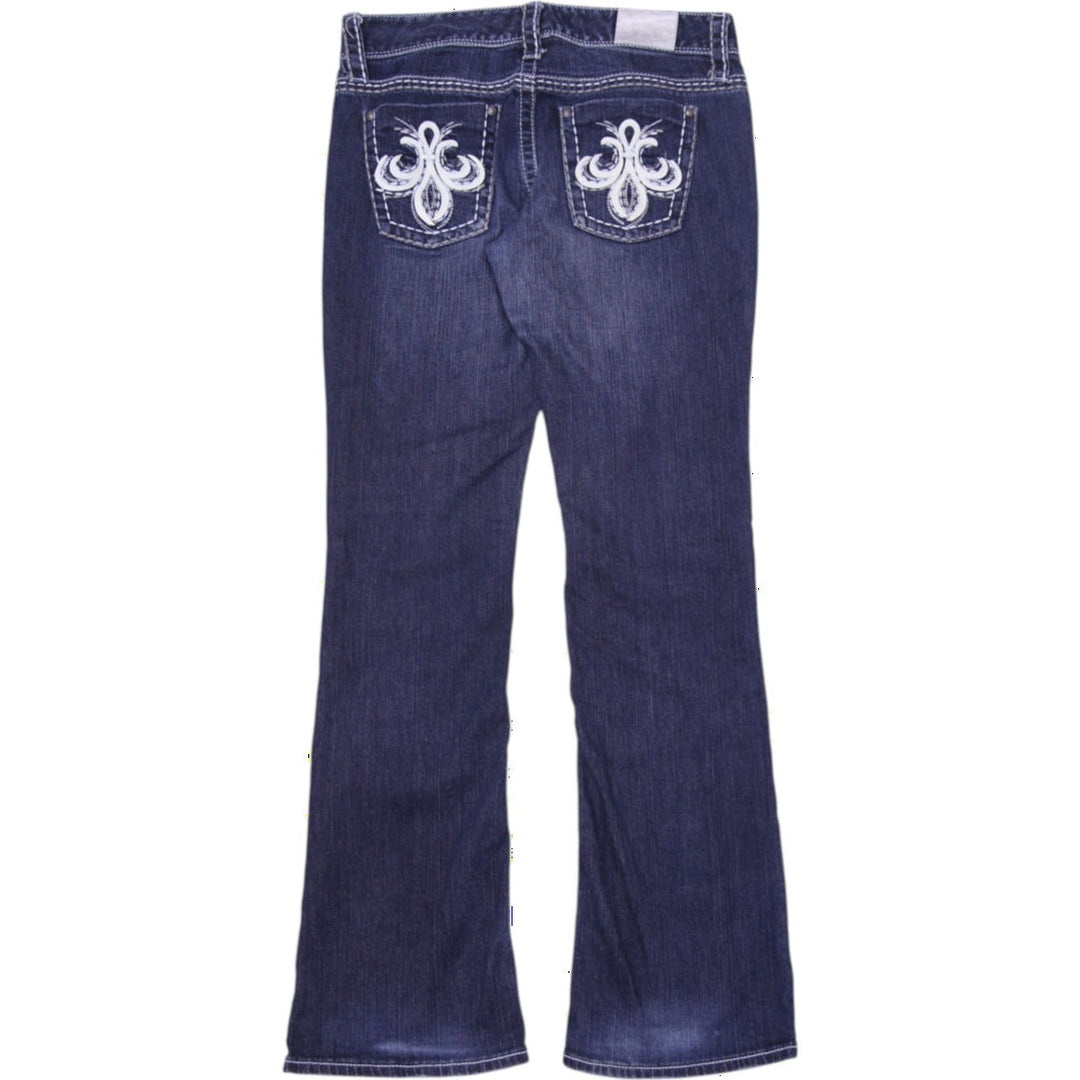 Y2K Ladies Maurices Premium Bootcut Jeans Dark Wash Fleur De Lis Pocket Embroidered Stretch 9/10 Long
