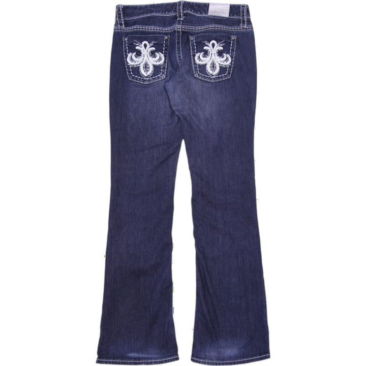Y2K Ladies Maurices Premium Bootcut Jeans Dark Wash Fleur De Lis Pocket Embroidered Stretch 9/10 Long