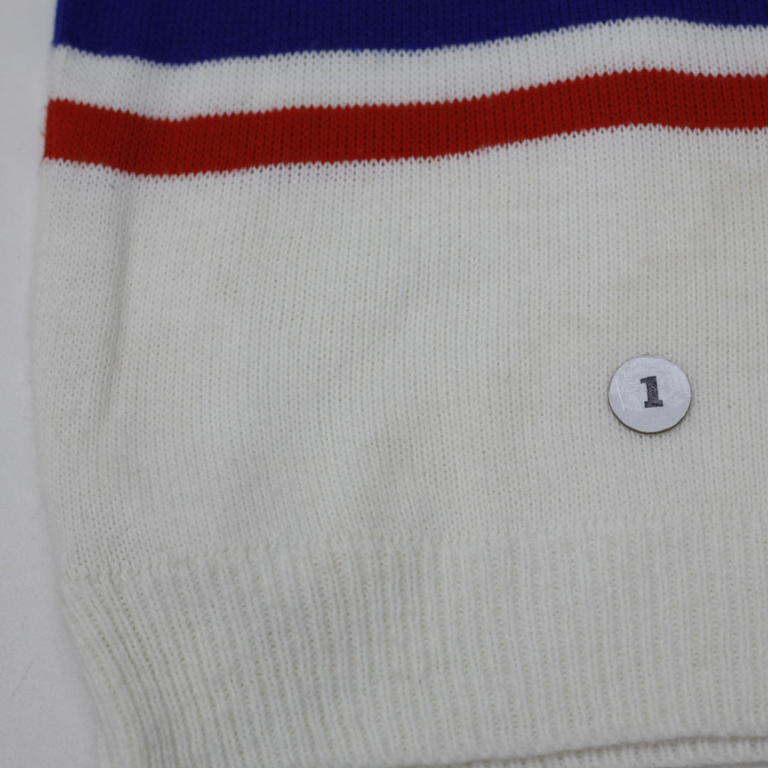 Vintage Mens Dehen Sweater White V-Neck Knit Graphic Made In USA