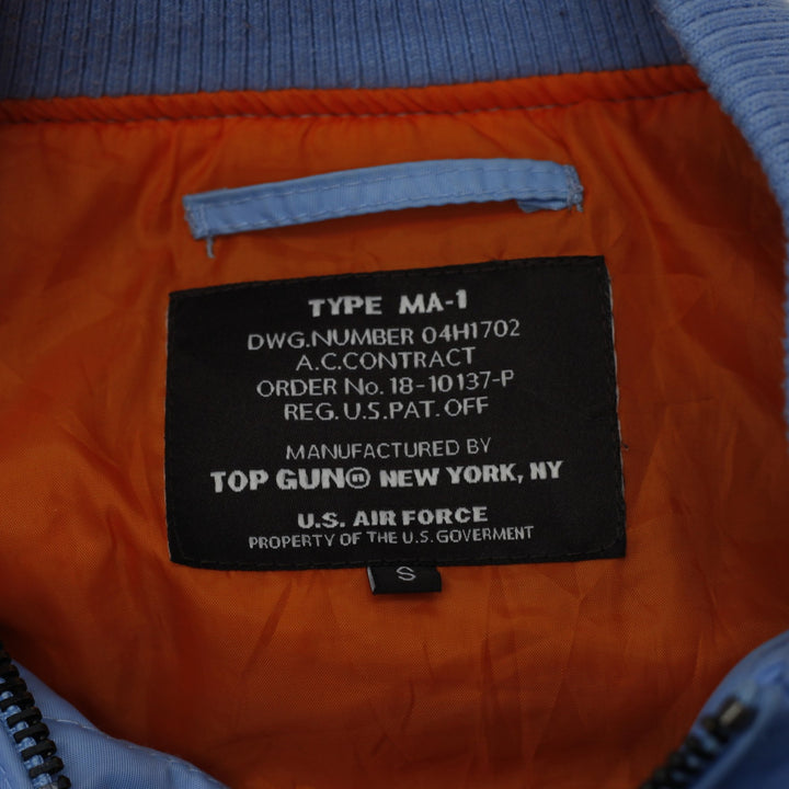 Vintage Mens Top Gun MA-1 Bomber Zipper Jacket Light Blue Patches S | Migration_Jackets - Back View | Fashion Rerun