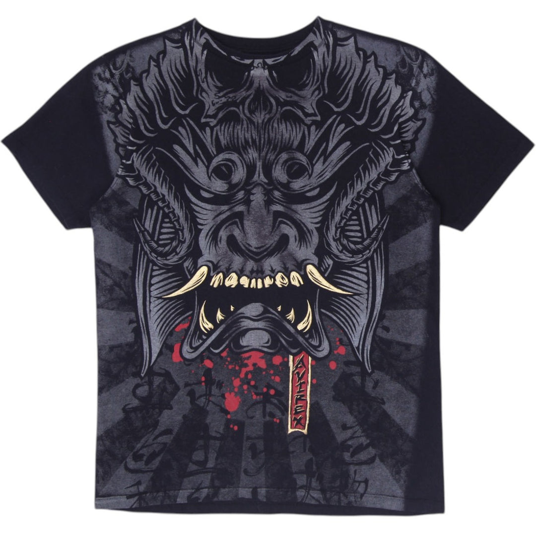 Y2K Mens Avirex Japanese Oni Mask Demon Graphic T-Shirt Black Size M