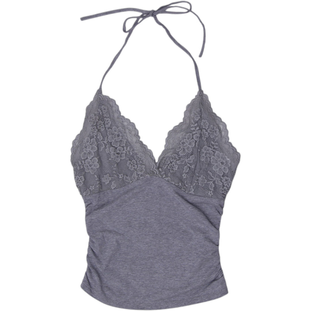 Y2K Ladies Romwe Gray Contrast Lace Trim Halter Top Size S