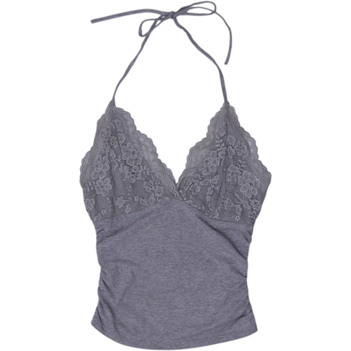 Y2K Ladies Romwe Gray Contrast Lace Trim Halter Top Size S