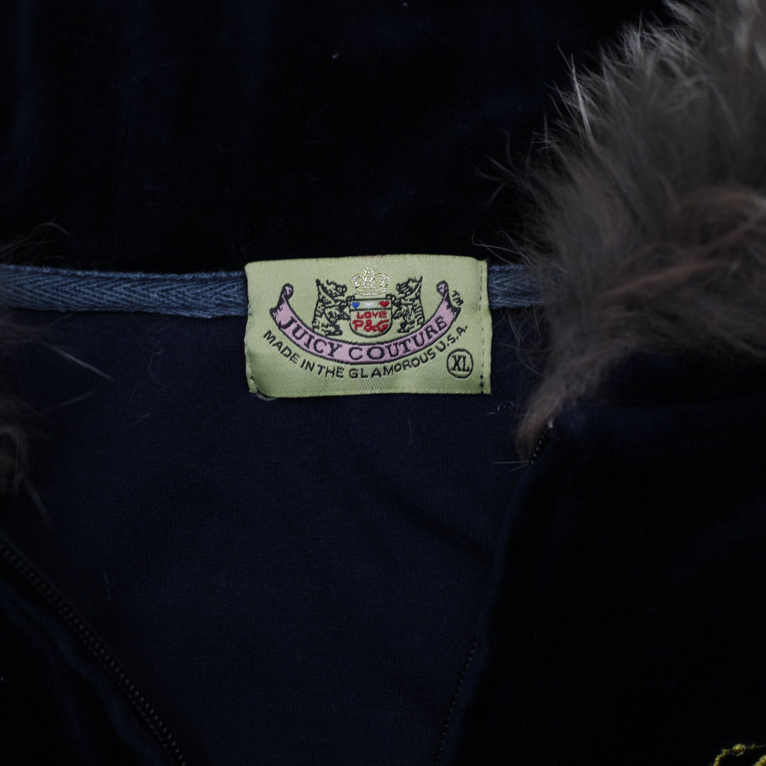 Y2K Ladies Juicy Couture Velour Hoodie Navy Blue Faux Fur Embroidered XL